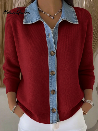 Ella – Pletený kardigan s denimovým vzhledem a límečkem