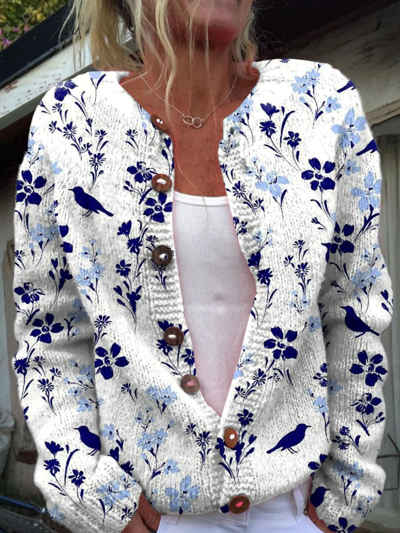 Vintage květinový potisk, svetr s knoflíky